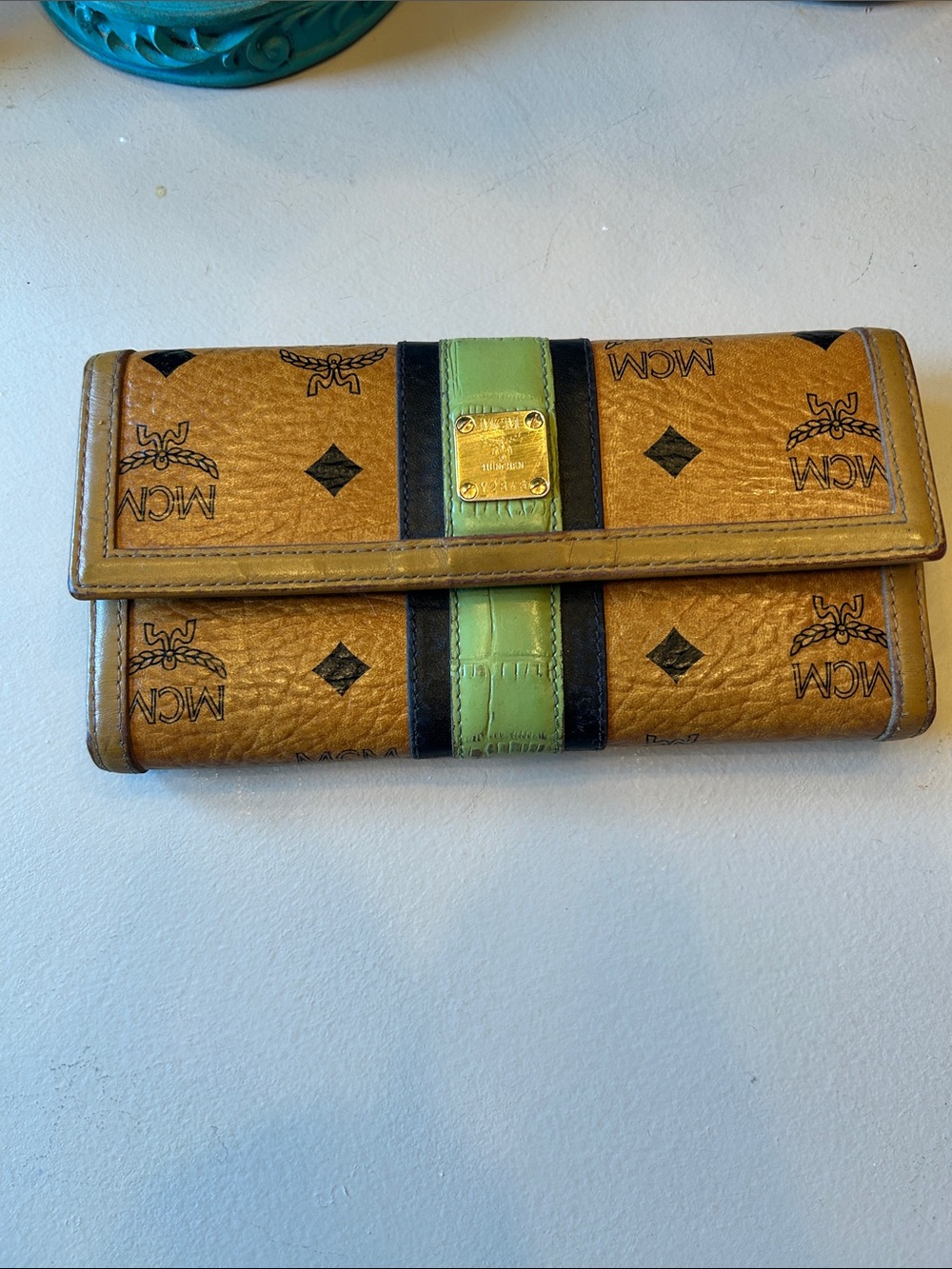 MCM Cognac Wallet with Green and Black Center Stripe